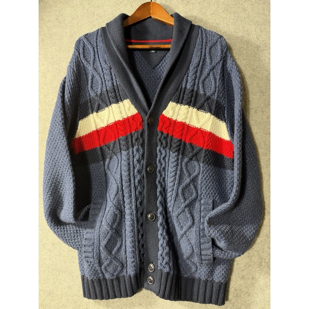 Tommy Hilfiger Cable Knit Cardigan Mens L Navy Red White Shawl Collar Wool Blend